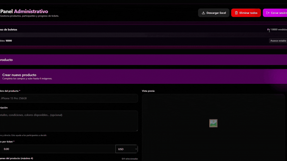 Dashboard principal de Sistema de Rifas